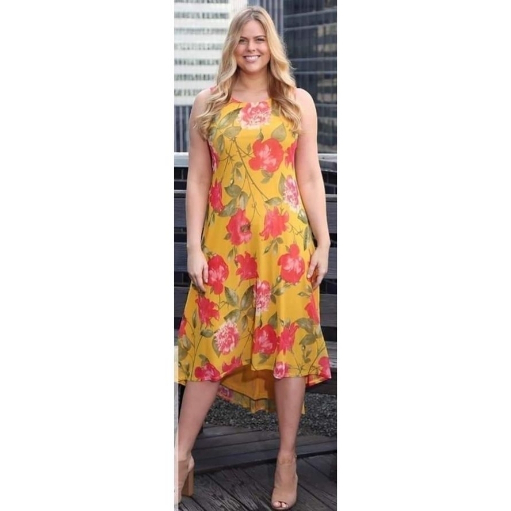 Nina Leonard Mesh Overlay Mustard Floral High Low Dress